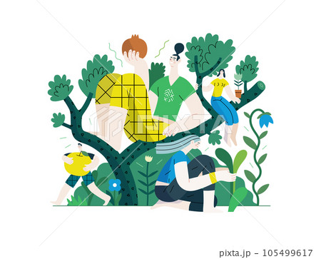 Greenery, ecology -modern flat vector concept illustration of people on a tree, surrounded by plants. Metaphor of environmental sustainability and protection, closeness to nature 105499617