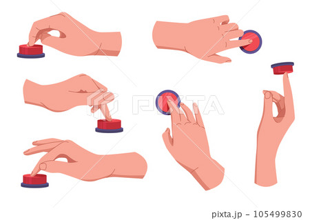 Hands pushing and pressing button set. Fingers pressing button. Turn on and off. Launch, start, control concept. Vector illustration EPS10 Hands pushing and pressing button set. Fingers pressing button. Turn on and off. Launch, start, control concept. Vector illustration EPS10 105499830