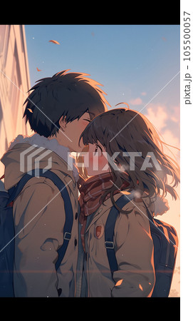 Cute couple in love. Romantic wallpaper. Anime style characters. AI Stock  Illustration