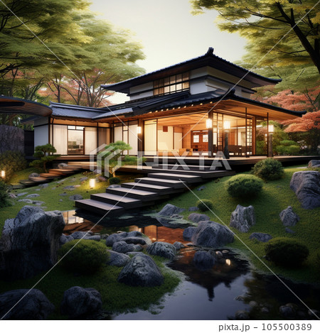 屋根とささやかな庭のある日本家屋　Generative AI 105500389