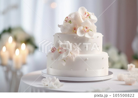 White multi-tiered wedding cake in white tones. 105500822