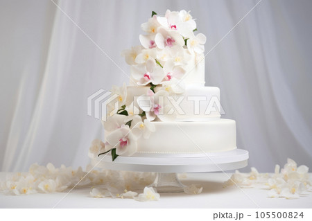 White multi-tiered wedding cake in white tones. White multi-tiered wedding cake in white tones. 105500824