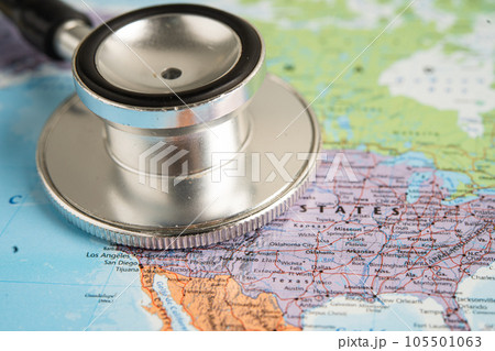 Bangkok, Thailand June 1, 2022, Stethoscope on United America world globe map background. 105501063
