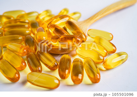 Fish oil Omega 3 capsules vitamin with EPA and DHA isolated on white background. Fish oil Omega 3 capsules vitamin with EPA and DHA isolated on white background. 105501096