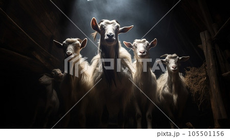White goats in a dark stall on a dairy farm. White goats in a dark stall on a dairy farm. 105501156
