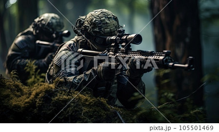 Group of mercenary soldiers during an ambush in the forest. Group of mercenary soldiers during an ambush in the forest. 105501469