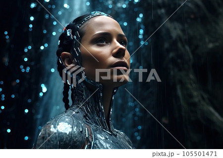 Android robot with a beautiful female face on nature background. 105501471