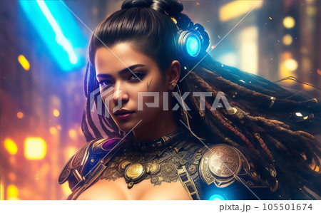 Illustration of beautiful young Cyberpunk Woman with long brown hair and cyborg elements on her body against a futuristic glowing background. Future vision design. Ai Generated fictional person. 105501674