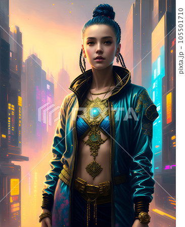 Digital illustration of beautiful young Cyberpunk Woman with long black hair and sparkling jewelry on her body against a futuristic background. Future vision design. Ai Generated fictional perso 105501710
