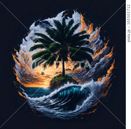 Abstract Colorful Palm Tree and Water Splashes with Island on White Background, Vibrant Color Summer Paradise Illustration for Poster, Banner, Invitation, Greeting Card or Cover. AI Generated. 105501712