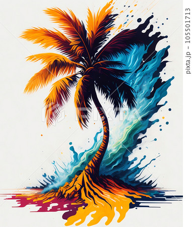 Abstract Colorful Palm Tree and Water Splashes with Island on White Background, Vibrant Color Illustration, Ai Generated 105501713