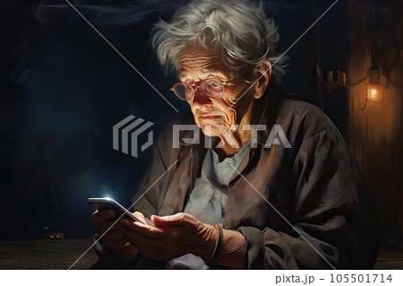 Elderly woman with a smartphoneat home. 105501714