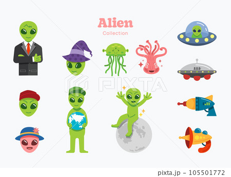Alien flat set. Green alien element symbols and objects collection. Vector Illustration 105501772