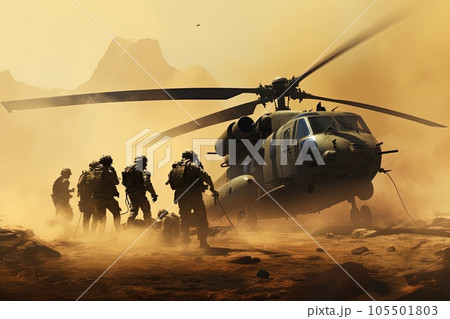 Helicopter landing in the sandy dust. 105501803