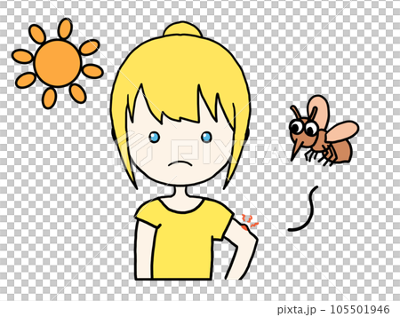 Illustration of a white woman with a frustrated face after being bitten by a mosquito Illustration of a white woman with a frustrated face after being bitten by a mosquito 105501946