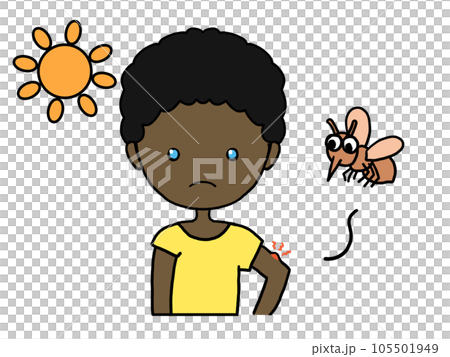 Illustration of a black man with a frustrated face after being bitten by a mosquito Illustration of a black man with a frustrated face after being bitten by a mosquito 105501949