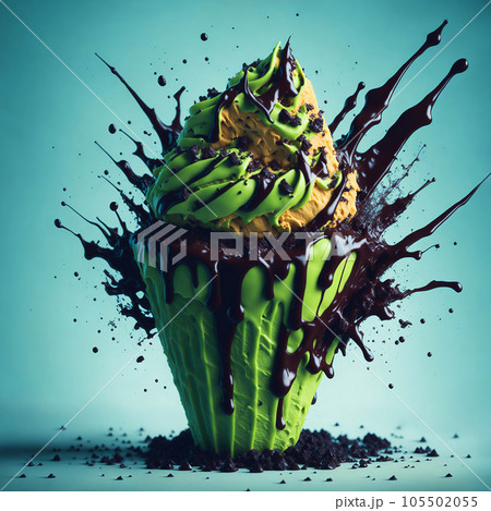 Delicious splash ice cream cone design with exploding and liquify chocolate pieces. Isolated sundae on clean background. Illustration for Banner, Invitation, Promo or Poster. Ai Generated. 105502055