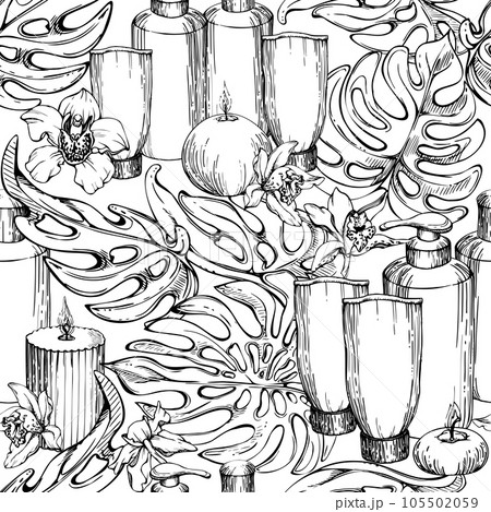 Hand drawn vector ink spa skincare bath beauty bottle and candles products package. Seamless pattern isolated on white background. For wall art, wellness resort, print, fabric, cover, card, booklet. Hand drawn vector ink spa skincare bath beauty bottle and candles products package. Seamless pattern isolated on white background. For wall art, wellness resort, print, fabric, cover, card, booklet. 105502059