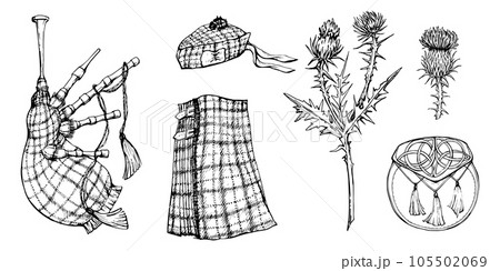 Ink hand drawn vector sketch of isolated objects. Scotland symbols menswear, tartan kilt, beret, bagpipes, sporran pouch, thistle flowers. For tourism, travel, brochure, guide, print, card, tattoo. 105502069