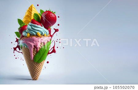 Delicious splash ice cream cone design with strawberry and lemon leaf. Clean background and space for text. Illustration for Banner, Invitation, Greeting Card or Poster. Ai Generated. 105502070
