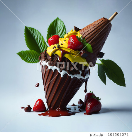 Delicious splash ice cream cone design with strawberry and lemon leaf. Isolated sundae on clean background. Illustration for Banner, Invitation, Greeting Card or Poster. Ai Generated. 105502072