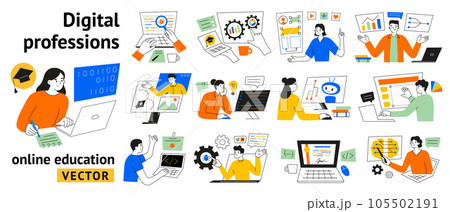 Digital professions online course, IT distant education, people study coding and machine learning, collection of vector illustrations with students and teachers in information technology Digital professions online course, IT distant education, people study coding and machine learning, collection of vector illustrations with students and teachers in information technology 105502191