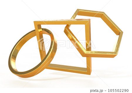 Metal chain of golden links 3d render. Luxury border with connected circle, square and hexagon frames. Abstract geometric shapes, yellow decor elements isolated on white background. 3D illustration 105502290