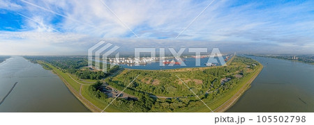 Panoramic drone picture from port Rotterdam with big transport ships 105502798