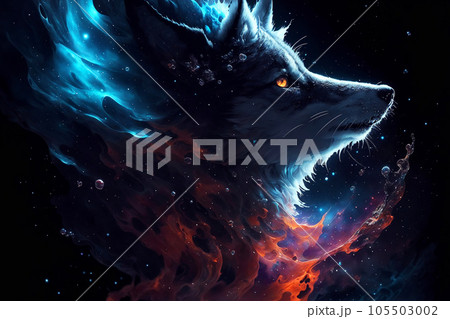 Illustration of a Wolf in Galaxy Universe with Space Nebula Background. Esoteric Horoscope and Fortune Telling Concept Design for Poster, Banner, Invitation, Greeting Card or Cover. Ai Generated. 105503002