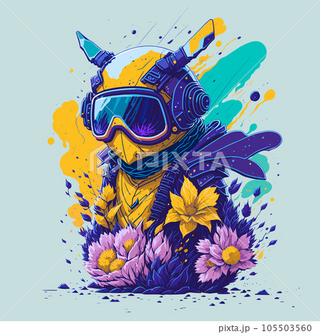 Futuristic Flying Bee with Flower and Sunglasses on Clean Background. Vintage Vector Honey Bee Painting Style Design with Floral Elements for T-Shirt, Banner, Invitation, Greeting Card or Cover. 105503560