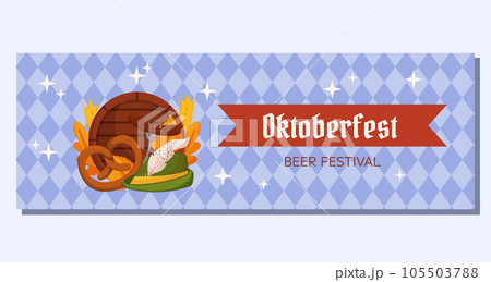 Oktoberfest German beer festival horizontal banner template. Design with Tyrolean hat, fork with grilled sausage, pretzel, wooden barrel, wheat and leaves. Light blue rhombus pattern 105503788