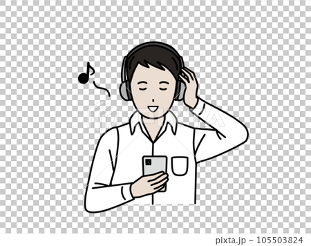 スマートフォンで音楽を聴く若い男性 105503824