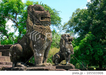 Lion statues at Bakong temple in Roluos Lion statues at Bakong temple in Roluos 105503906
