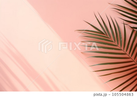 Peach colour background with palm leaves and soft shadow. Generative AI 105504863