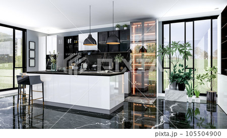 Black modern and luxury stylish kitchen room interior with kitchen island and black marble floor, 3D Rendering  105504900