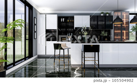 Black modern and luxury stylish kitchen room interior with kitchen island and black marble floor, 3D Rendering  105504902