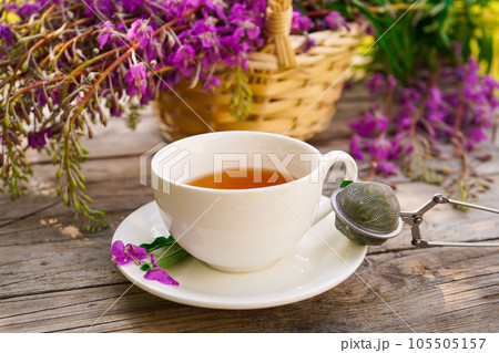 Healthy organic leaves Ivan chai tea Russian herbal on the wooden table 105505157