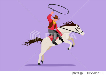 Cartoon flat style drawing brave cowboy with lasso on rearing horse. Stylized cowboy with rope lasso on horse. Happy American cowboy riding horse and throwing lasso. Graphic design vector illustration 105505499