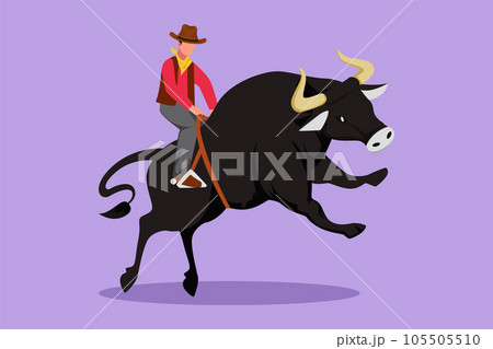 Graphic flat design drawing strong and brave cowboy in hat riding wild bull and participates in rodeo competition. Happy cowboy riding wild bull. Exciting rodeo show. Cartoon style vector illustration Graphic flat design drawing strong and brave cowboy in hat riding wild bull and participates in rodeo competition. Happy cowboy riding wild bull. Exciting rodeo show. Cartoon style vector illustration 105505510