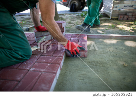 Laying paving stones on a prepared mixture of sand and cement. 105505923