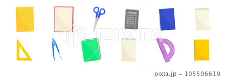 School Supplies with Notebook, Scissors, Calculator, Book and Ruler Vector Set 105506619