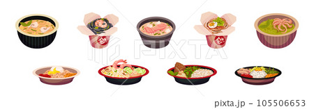 Asian Food and Dish Served on Plate and Carton Box Vector Set 105506653