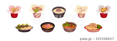 Asian Food and Dish Served on Plate and Carton Box Vector Set Asian Food and Dish Served on Plate and Carton Box Vector Set 105506657