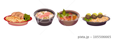 Asian Food and Dish Served in Bowl and on Plate Vector Set 105506665