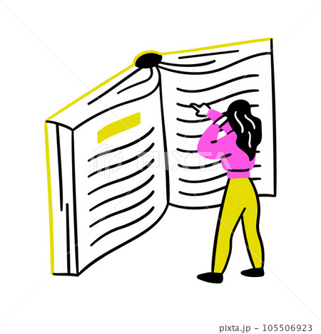 Cartoon Color Educational and Self-Development Concept Scene with Character Girl Reading Huge Book. Vector illustration of Education Process Cartoon Color Educational and Self-Development Concept Scene with Character Girl Reading Huge Book. Vector illustration of Education Process 105506923