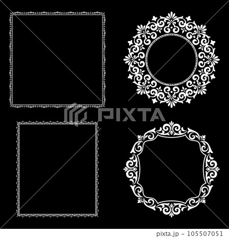 Set of decorative frames Elegant vector element for design in Eastern style, place for text. Floral black and white borders. Lace illustration for invitations and greeting cards. Set of decorative frames Elegant vector element for design in Eastern style, place for text. Floral black and white borders. Lace illustration for invitations and greeting cards. 105507051