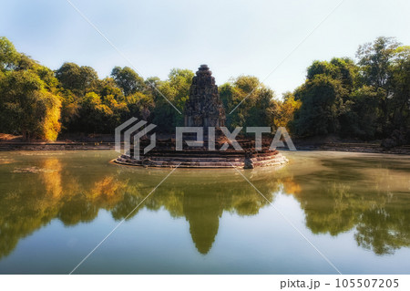 Jayatataka monument, initially a Hindu royal temple and now linked with Buddhist symbols, located on an island in the center of baray, emulating the sacred Himalayan lake Anavatapta. Jayatataka monument, initially a Hindu royal temple and now linked with Buddhist symbols, located on an island in the center of baray, emulating the sacred Himalayan lake Anavatapta. 105507205