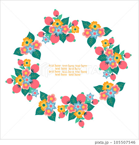 A wreath of bright spring flowers. Template for a greeting card. A wreath of bright spring flowers. Template for a greeting card. 105507546