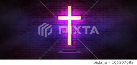 Cinematic Christian cyberpunk web panoramic banner with glowing cross, sepulcher and neon lighted brick wall Cinematic Christian cyberpunk web panoramic banner with glowing cross, sepulcher and neon lighted brick wall 105507698