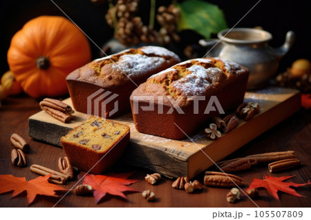 Homemade autumn cupcakes with nuts and cinnamon and pumpkin on a wooden board 105507809